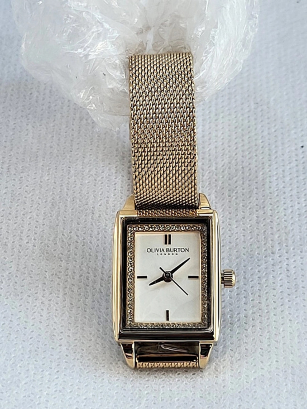 Olivia Burton Townhouse Rectangle White & Gold Mesh Watch. #WOB01